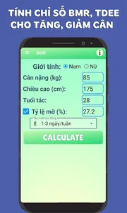 BMI, BMR và Xem Calo Thực Phẩm screenshot 6