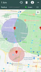 1 km radius: Draw a circle on  screenshot 1