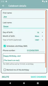 Birthdays reminder & SMS send screenshot 1