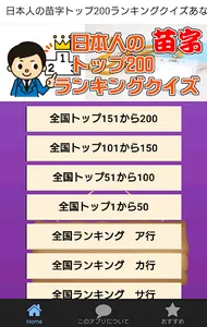 日本人の苗字トップ200ランキングクイズ あなたの名字は何位 screenshot 0
