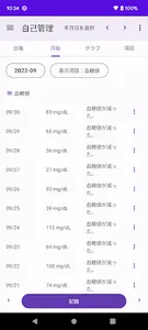 糖尿病 自己管理 血糖値 血圧 体重 歩数 食事などを記録 screenshot 2