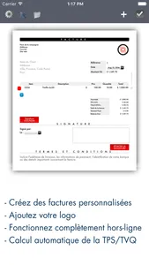 Facture Québec PDF | Application pour travailleur autonome avec signature et TPS et TVQ à jour screenshot 0
