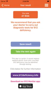 B12 Deficiency - risk checker screenshot 2